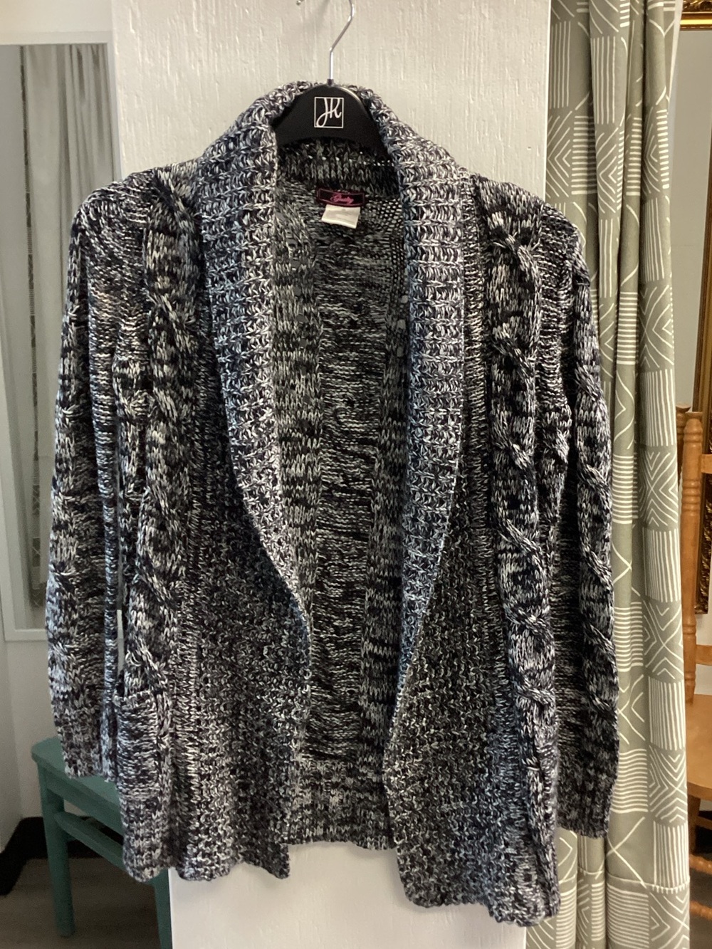 Shawl-Collar Marled Black & White Open-Front Cardigan